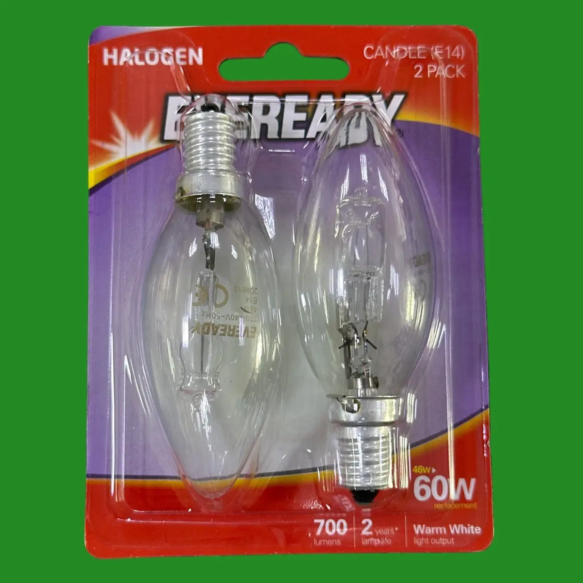 6x 46W (=60W) Eveready Dimmable Halogen Clear Candle Light Bulbs, SES E14 Lamps
