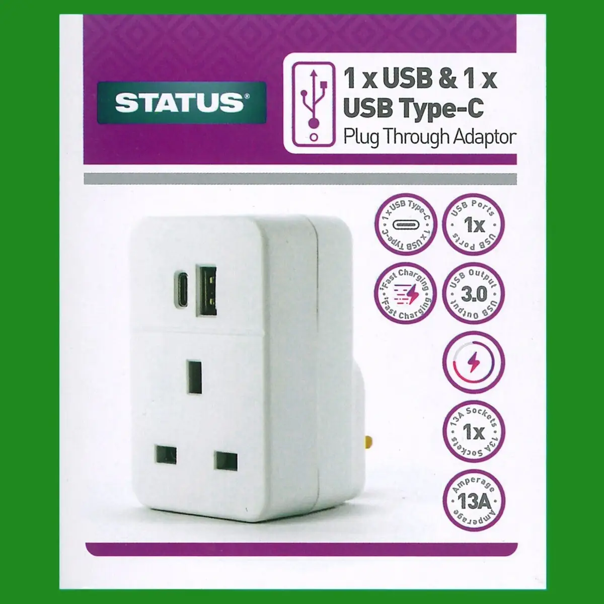 2 Port USB Mains Plug Through Adaptor (1x Type-A, 1x Type-C) Fast Charge 20W Max