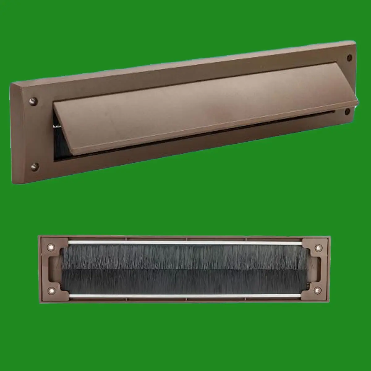 4x Brown PVC Door Letter Box Draught Excluder Brush Seal, 338 x 78 mm, With Flap