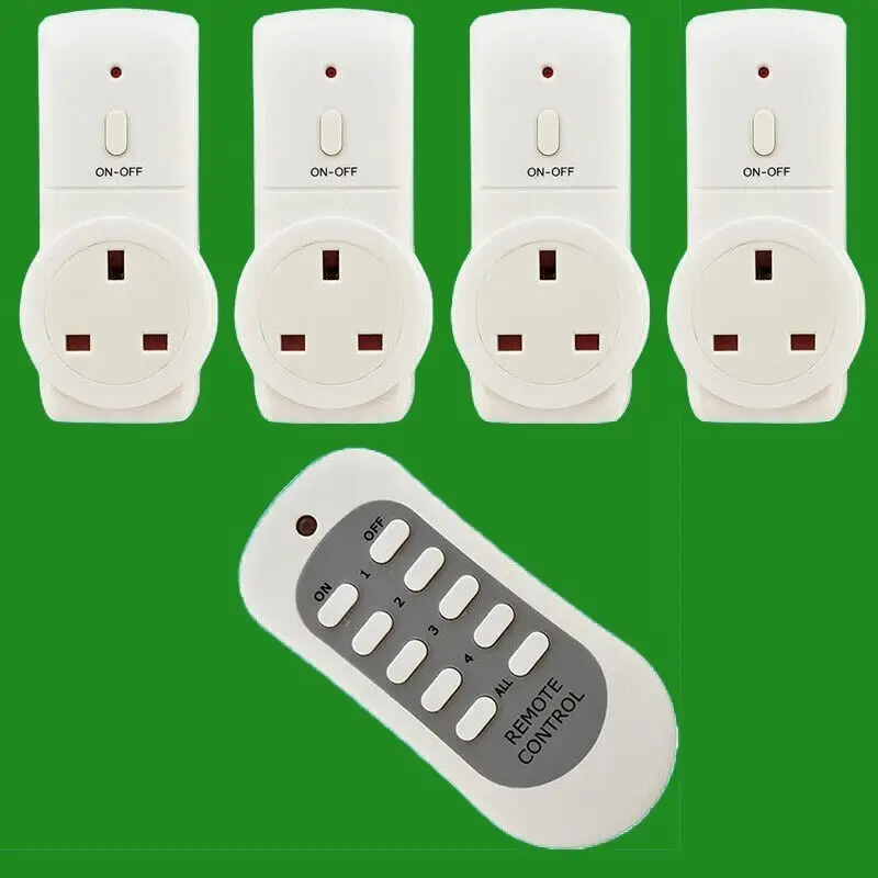 4x Wireless UK Plug-In Energy Saving Mains Socket Switch Set With Remote Control