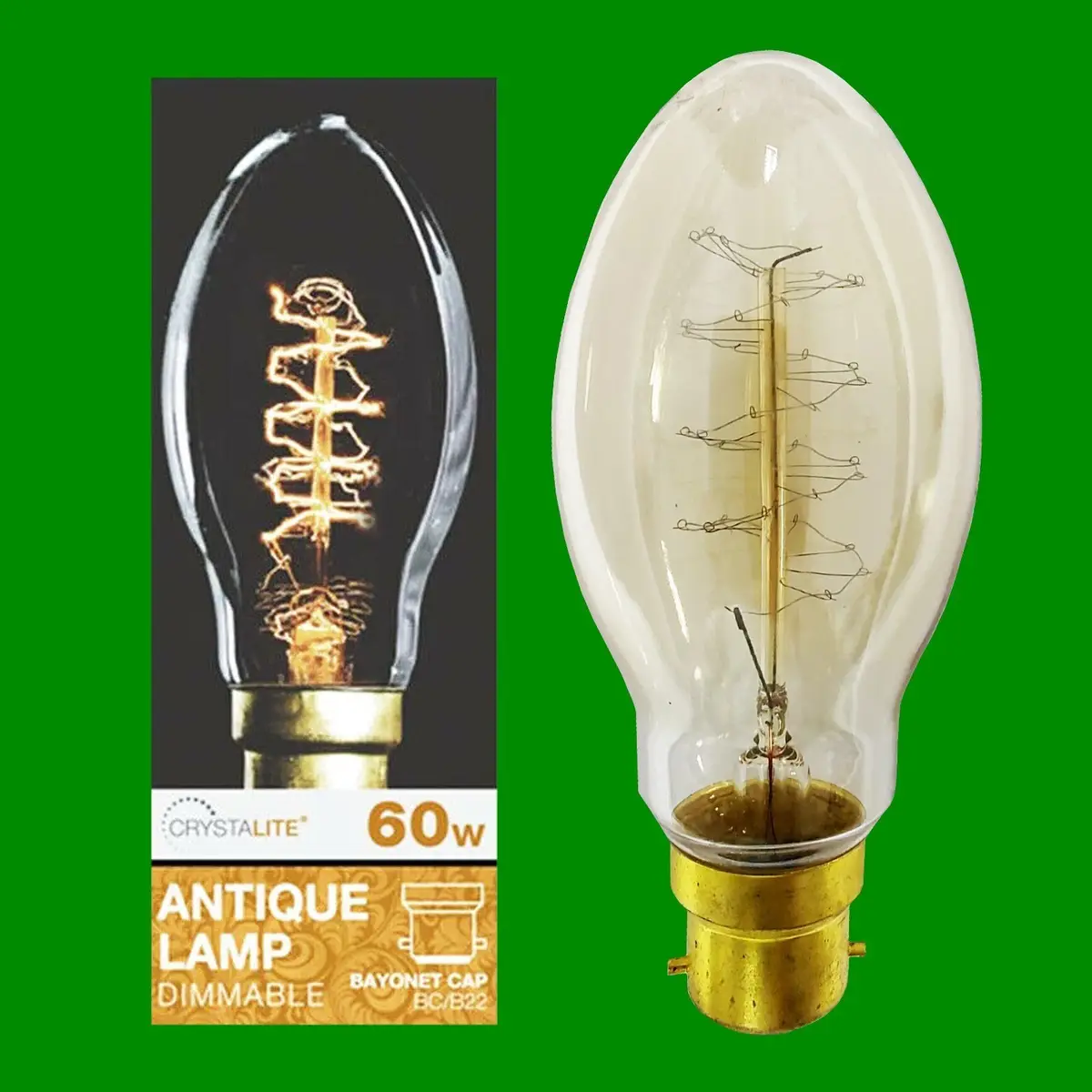 2x 60W Antique Vintage Spiral Filament Dimmable Clear Eliptic Light Bulb BC B22