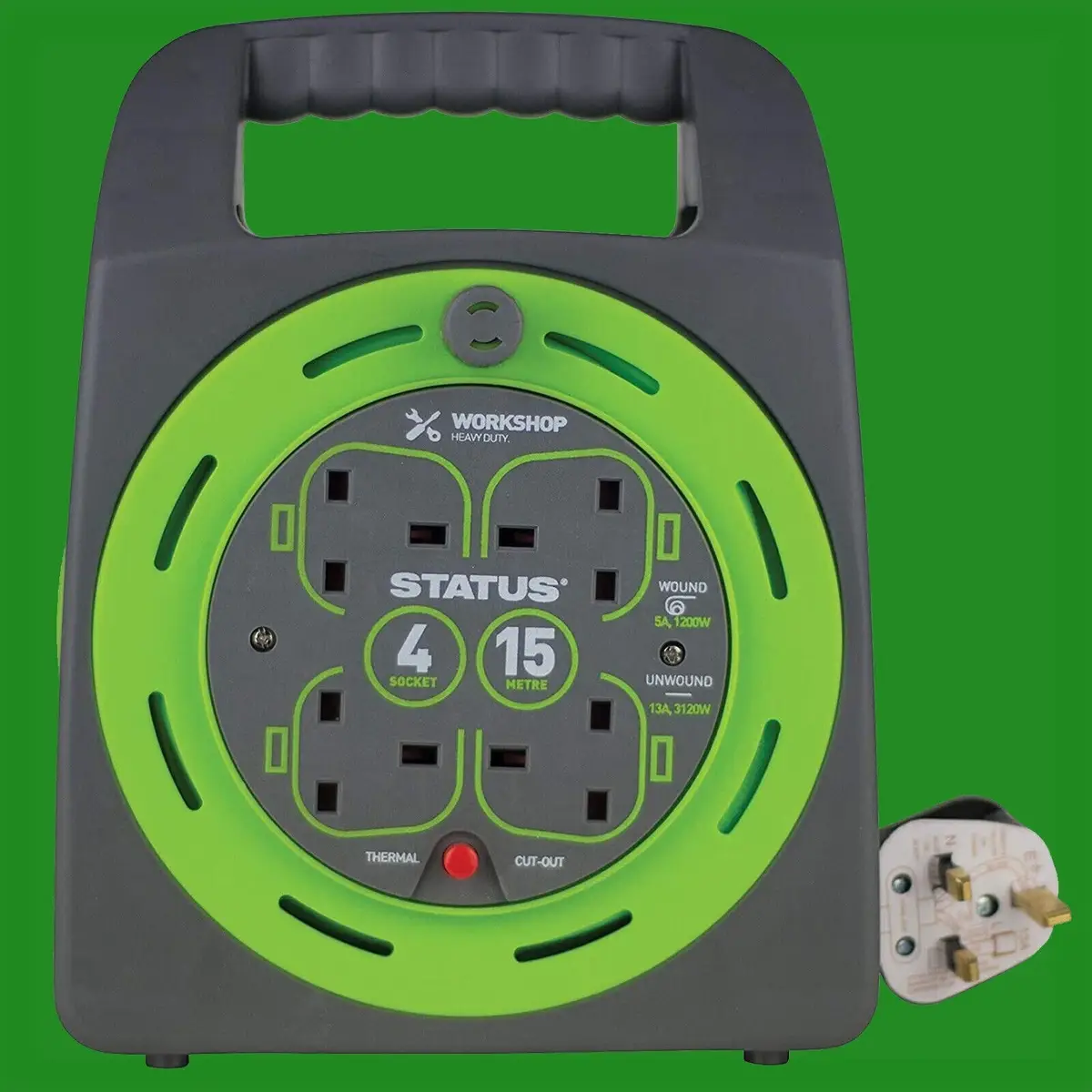Heavy Duty 4 Way Gang 15m Extension Lead Reel 13a UK Plug Socket Thermal Cut Out
