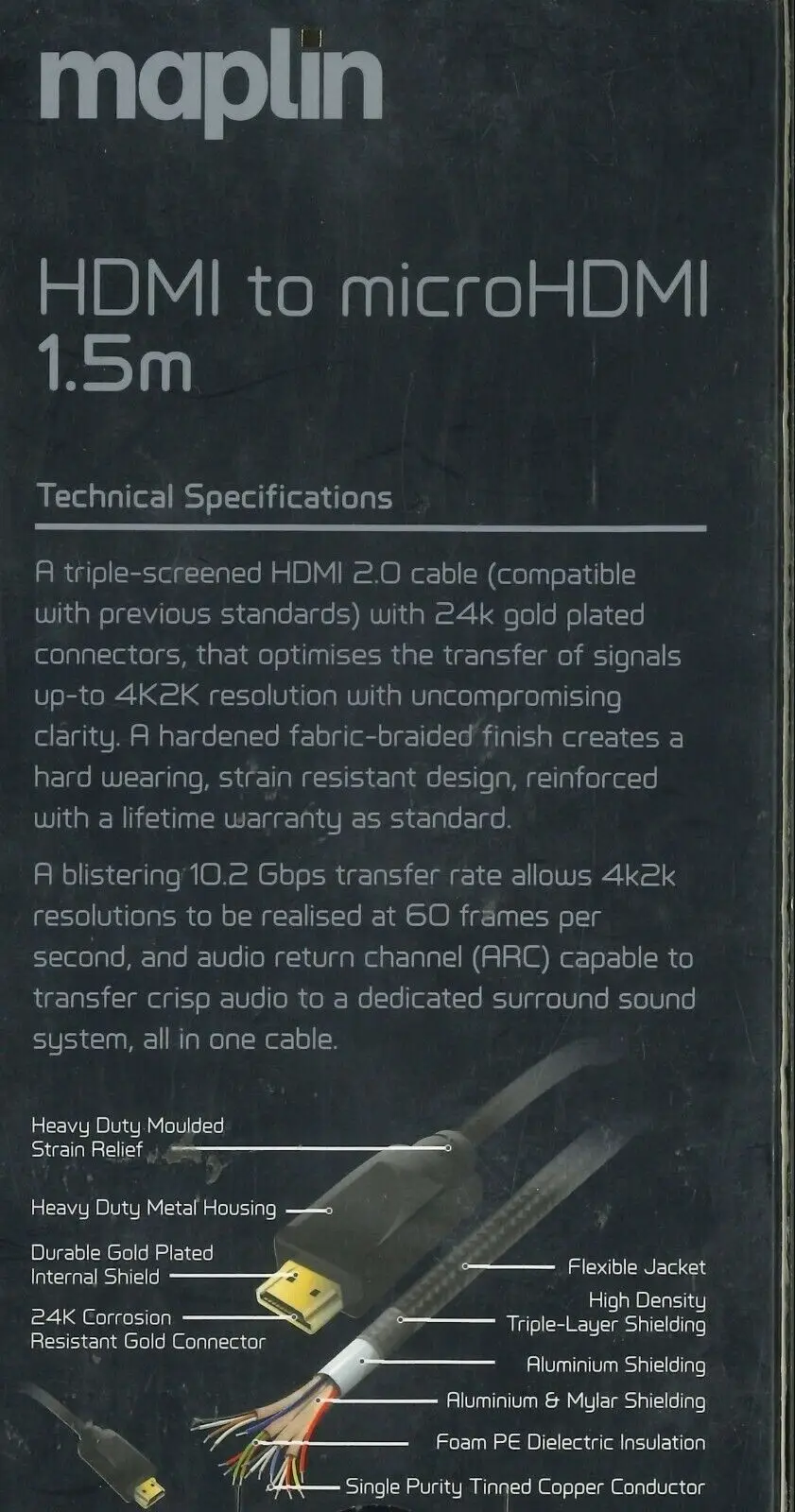 Maplin Pro HDMI 2.0 to microHDMI, 1.5M, 4K2K, 24k Gold Plated Connectors - image 2 | Free standard UK delivery included | Discount Quality Products