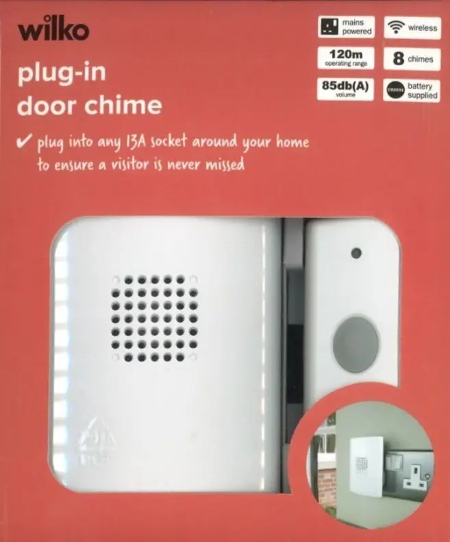 Wireless Plug In Door Bell Chime Cable Free 120 Metre Range 85db 8 Chimes Wilko