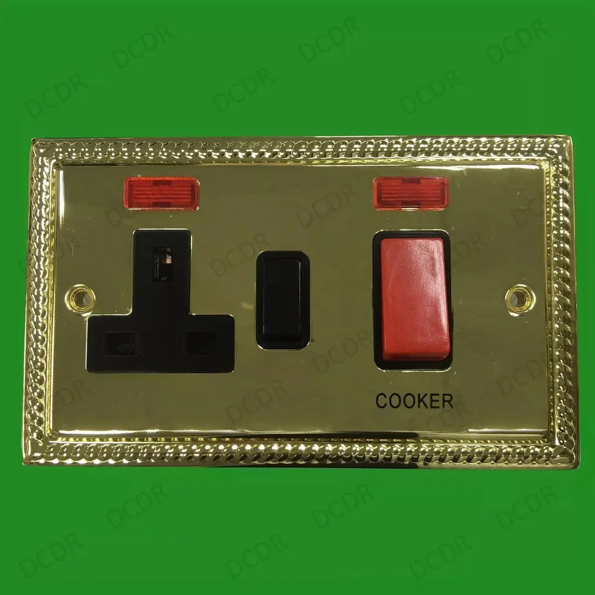 2 Gang, Georgian Brass, 13A UK 3 Pin Mains Socket, 45A Cooker Control Switch