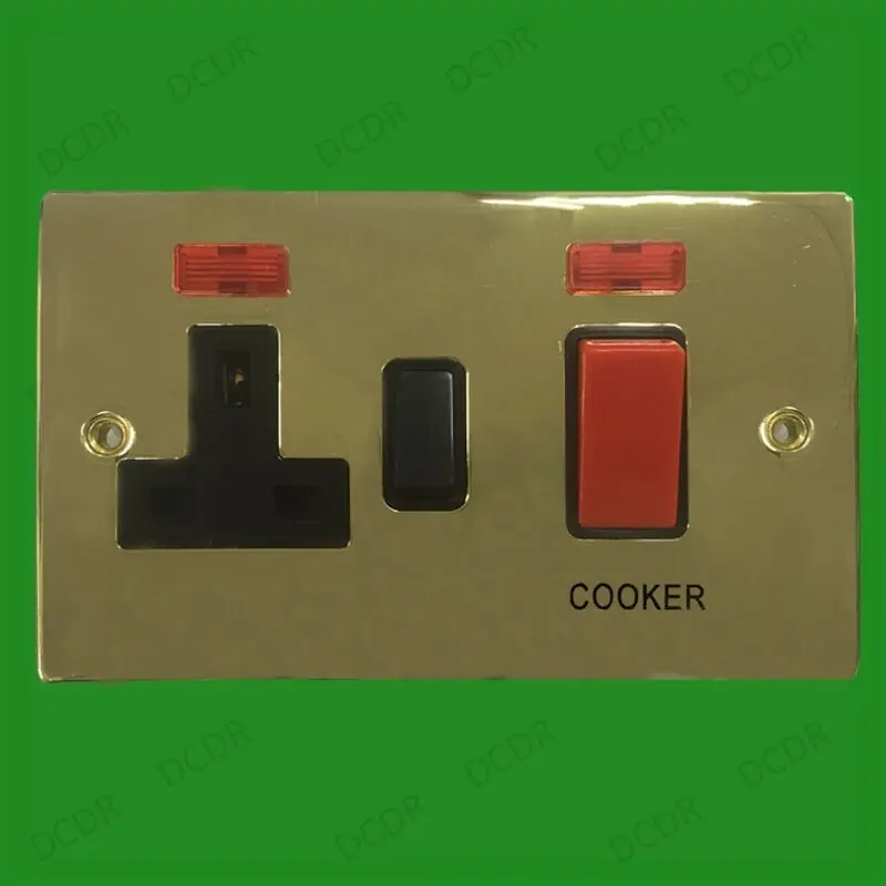 2 Gang, Victorian Brass, 13a UK 3 Pin Mains Socket, 45a Cooker Control Switch