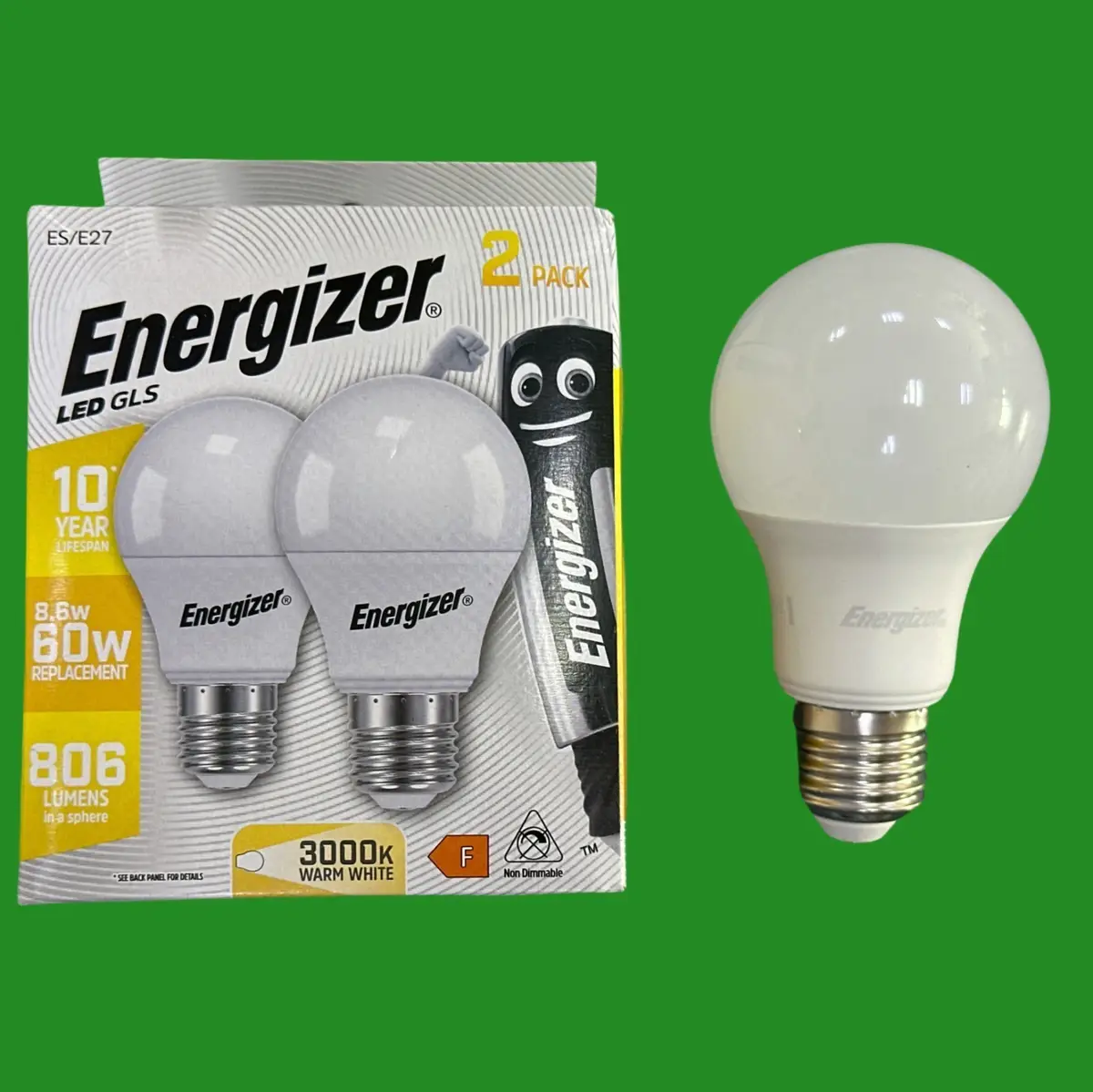 2x 8.6W (=60W) LED GLS Light Bulbs 3000K Warm White, E27 ES Edison Screw Lamps