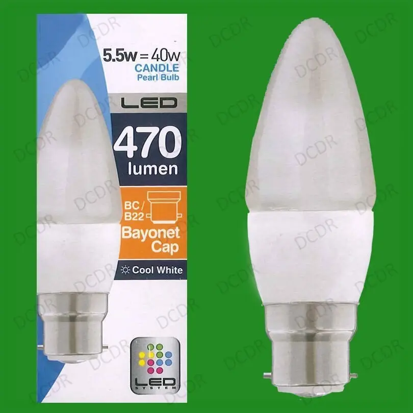 4x 5.5W (=40W) LED Pearl Candle Light Bulb, Cool White, 4000K, BC B22 Lamp