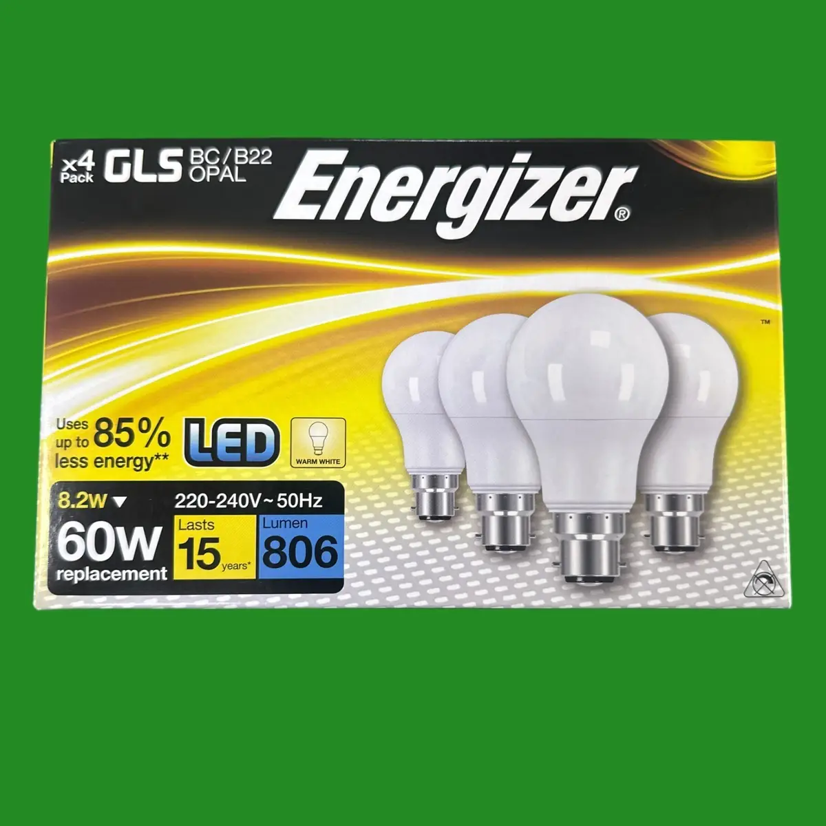12x 8.2W (=60W) Energizer Opal LED GLS Light Bulbs 3000K BC B22 Bayonet Lamp