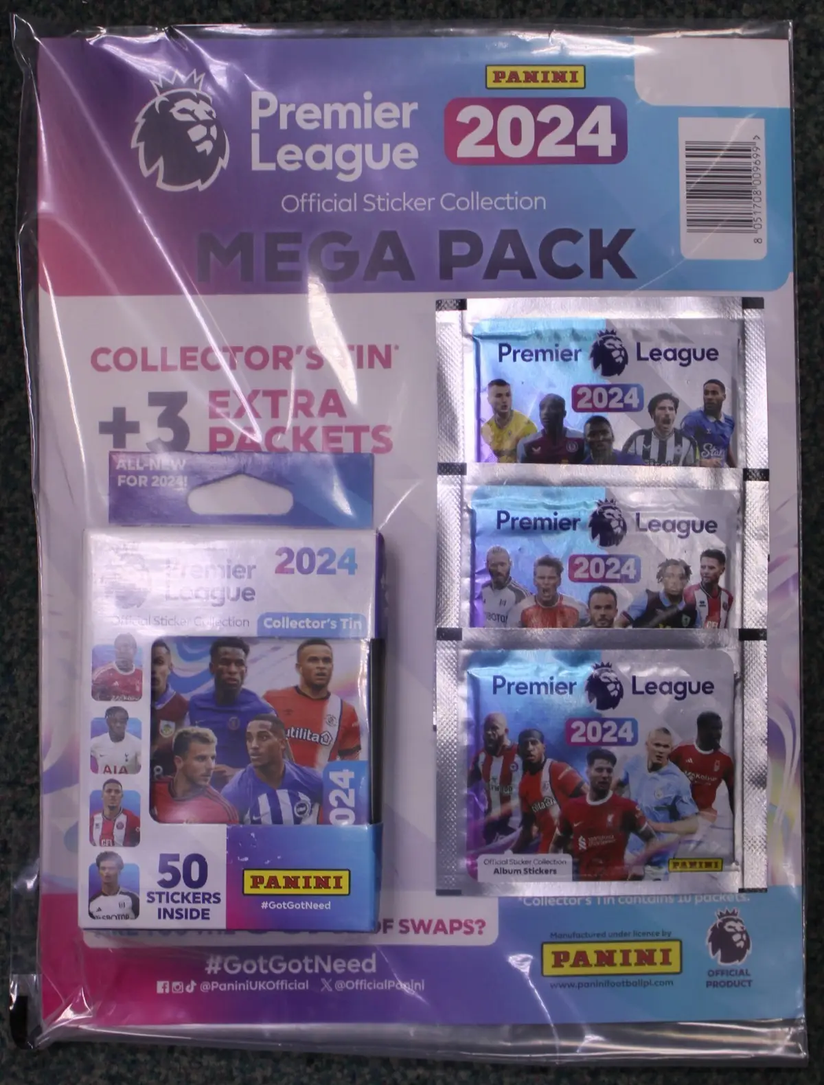 Panini Collectors Tin &amp; 50+ Stickers M/p, Football Premier League 2024 Soccer
