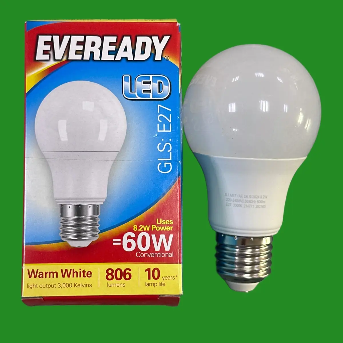12x 8.2W (=60W) Eveready LED GLS Light Bulb 3000K Warm White ES E27 Edison Screw