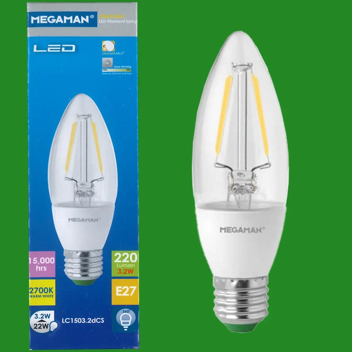 1x 3.2W (=22W) Megaman Clear LED Filament Candle Light Bulb ES E27 Edison Screw