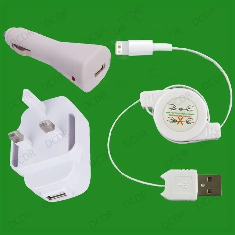 Mains &amp; Car Charger Kit &amp; Retractable USB 8 Pin Cable for iPhone, iPad, iPod