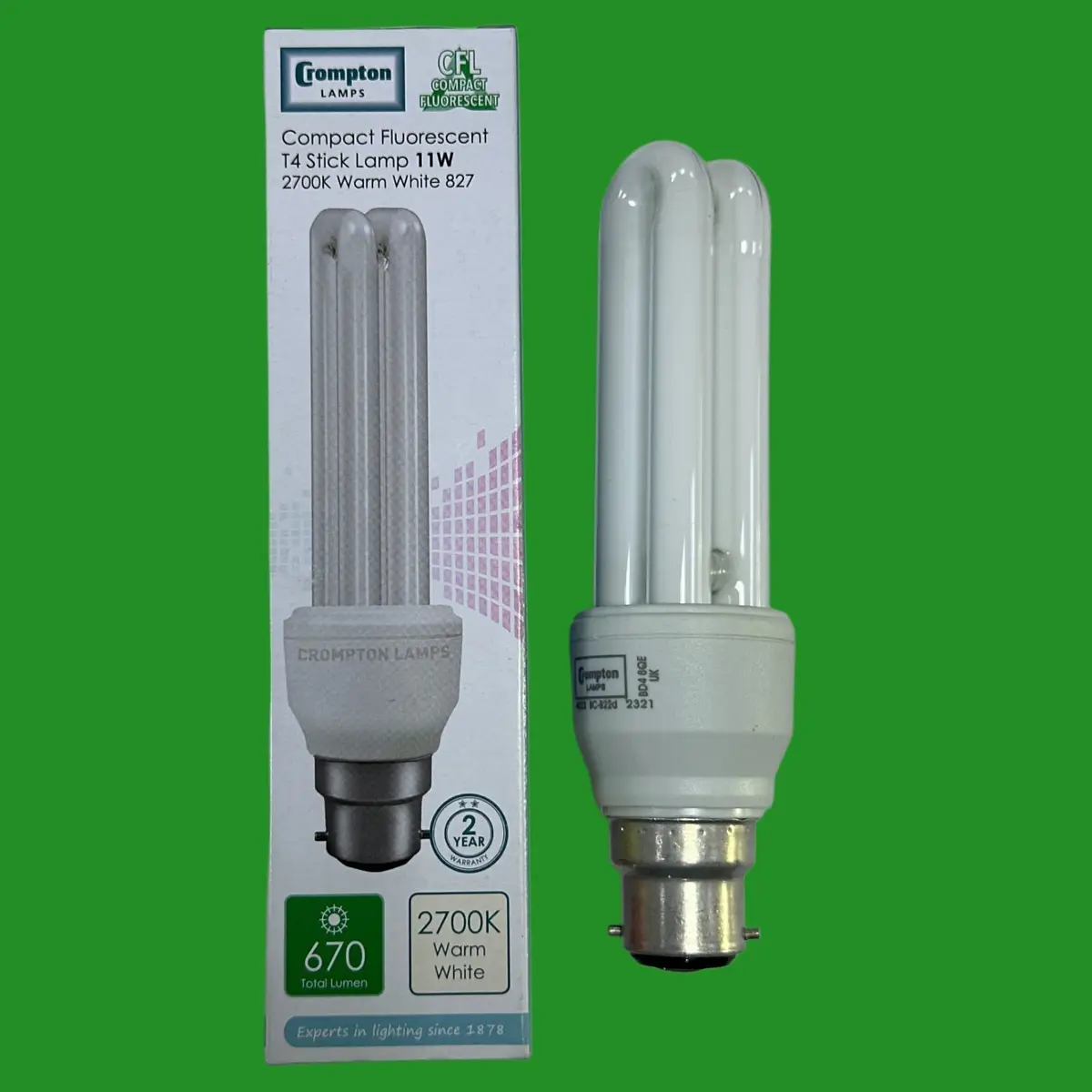 1x 11W (=60W) Crompton Low Energy Saving CFL Stick Light Bulbs BC B22 2700K Lamp