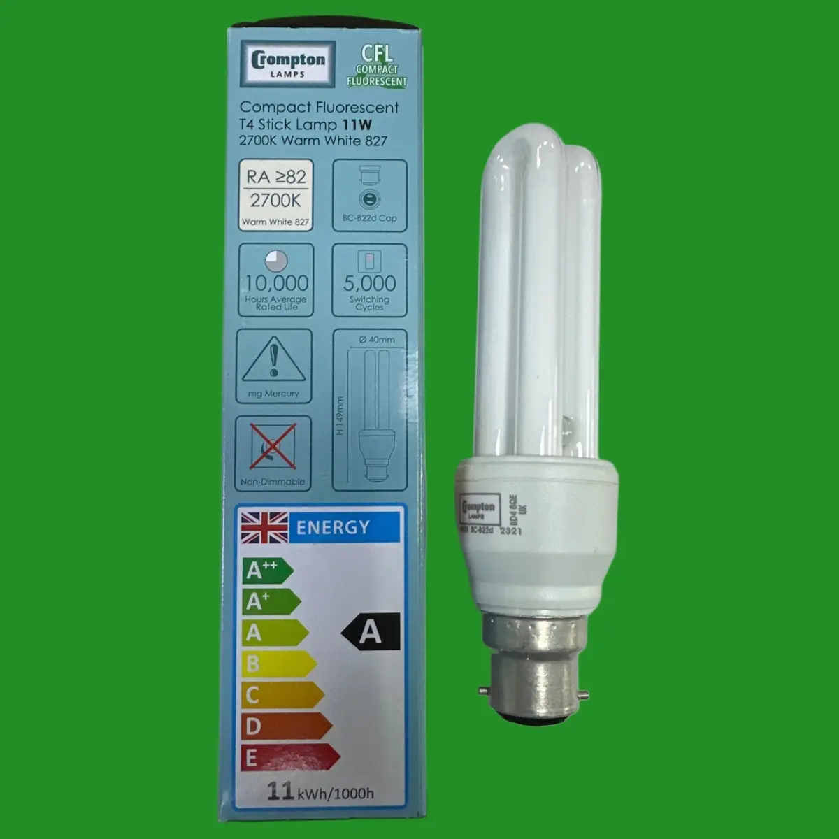 1x 11W (=60W) Crompton Low Energy Saving CFL Stick Light Bulbs BC B22 2700K Lamp - image 2 | Free standard UK delivery included | Discount Quality Products