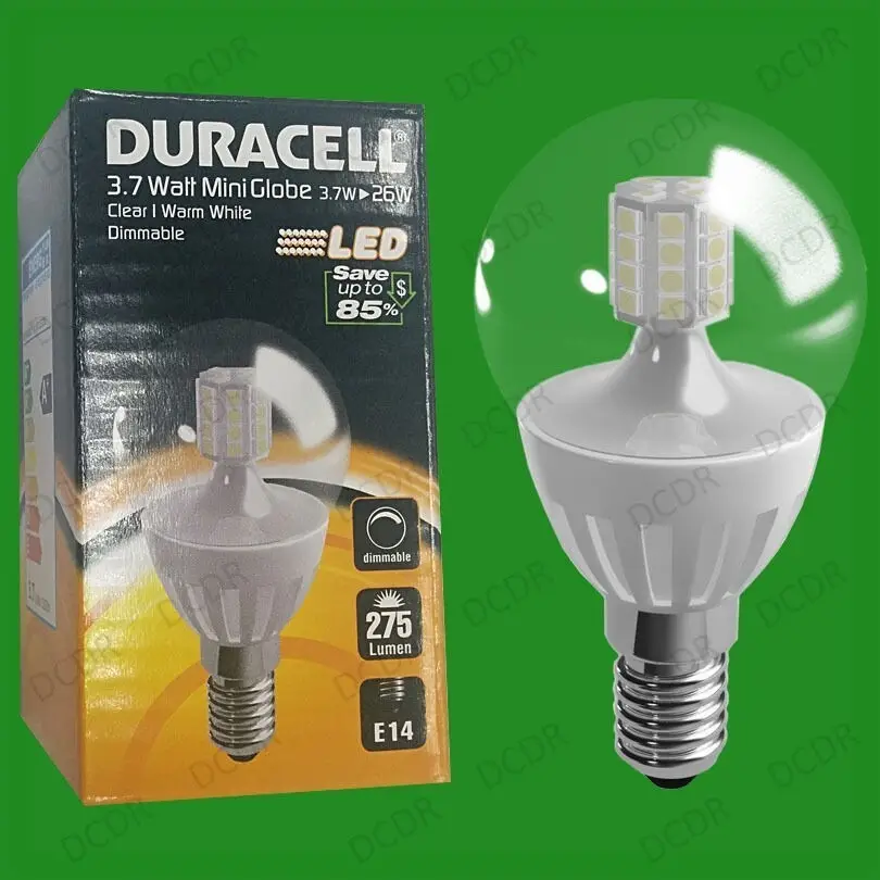 4x 3.7W Dimmable Duracell LED Clear Mini Globe Instant On Light Bulb SES E14