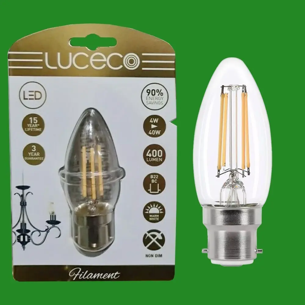2x 4W (=40W) LED Filament Candle BC B22, 2700K Warm White, Light Bulb, Lamp