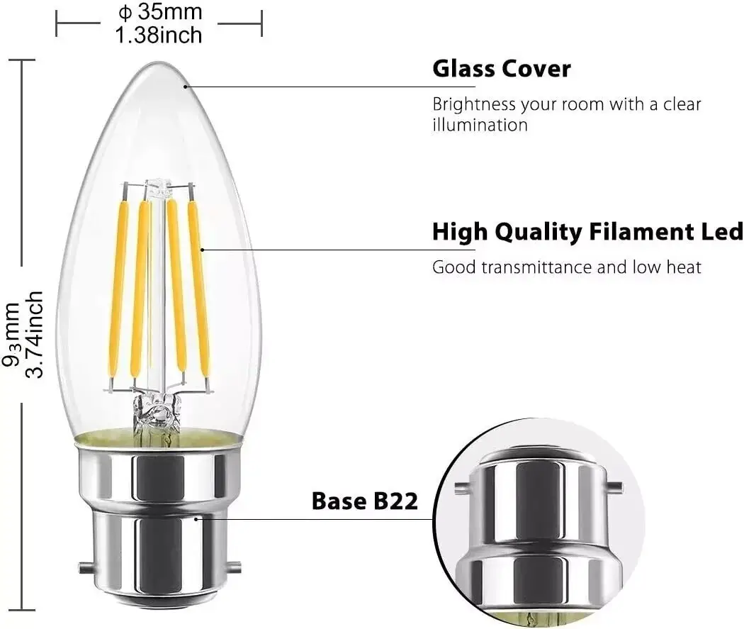 2x 4W (=40W) LED Filament Candle BC B22, 2700K Warm White, Light Bulb, Lamp - image 3 | Free standard UK delivery included | Discount Quality Products