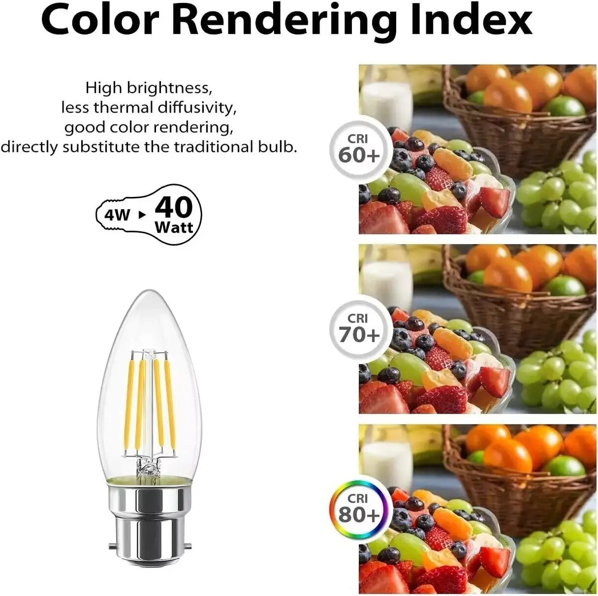 2x 4W (=40W) LED Filament Candle BC B22, 2700K Warm White, Light Bulb, Lamp - image 4 | Free standard UK delivery included | Discount Quality Products
