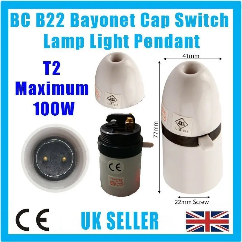 2x Bayonet Pendant T2 Socket, BC, B22, Switched Lamp Light Bulb Holder - image 4 | Free standard UK delivery included | Discount Quality Products