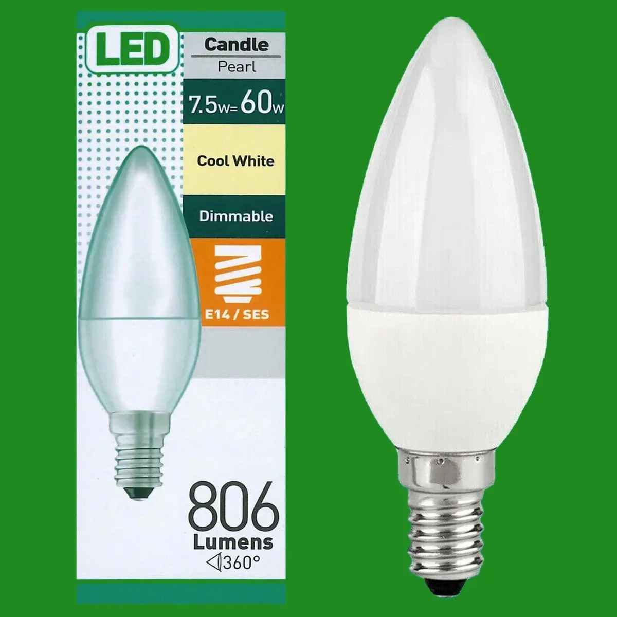 4x 7.5W (=60W) Dimmable Pearl LED Candle, SES E14, Cool White 4000K, Light Bulb