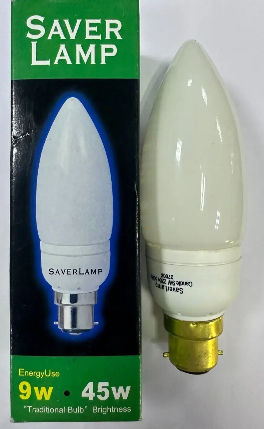 1x 9W (=45W) CFL Low Energy Power Saving Candle Light Bulbs BC B22 2700K Lamps
