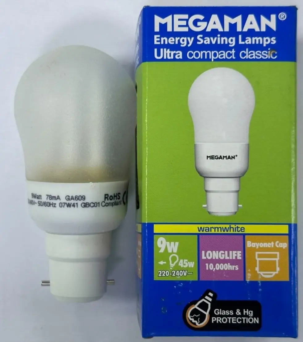 2x 9W (=45W) Megaman Mini GLS CFL BC B22 Low Energy Power Saving Light Bulbs