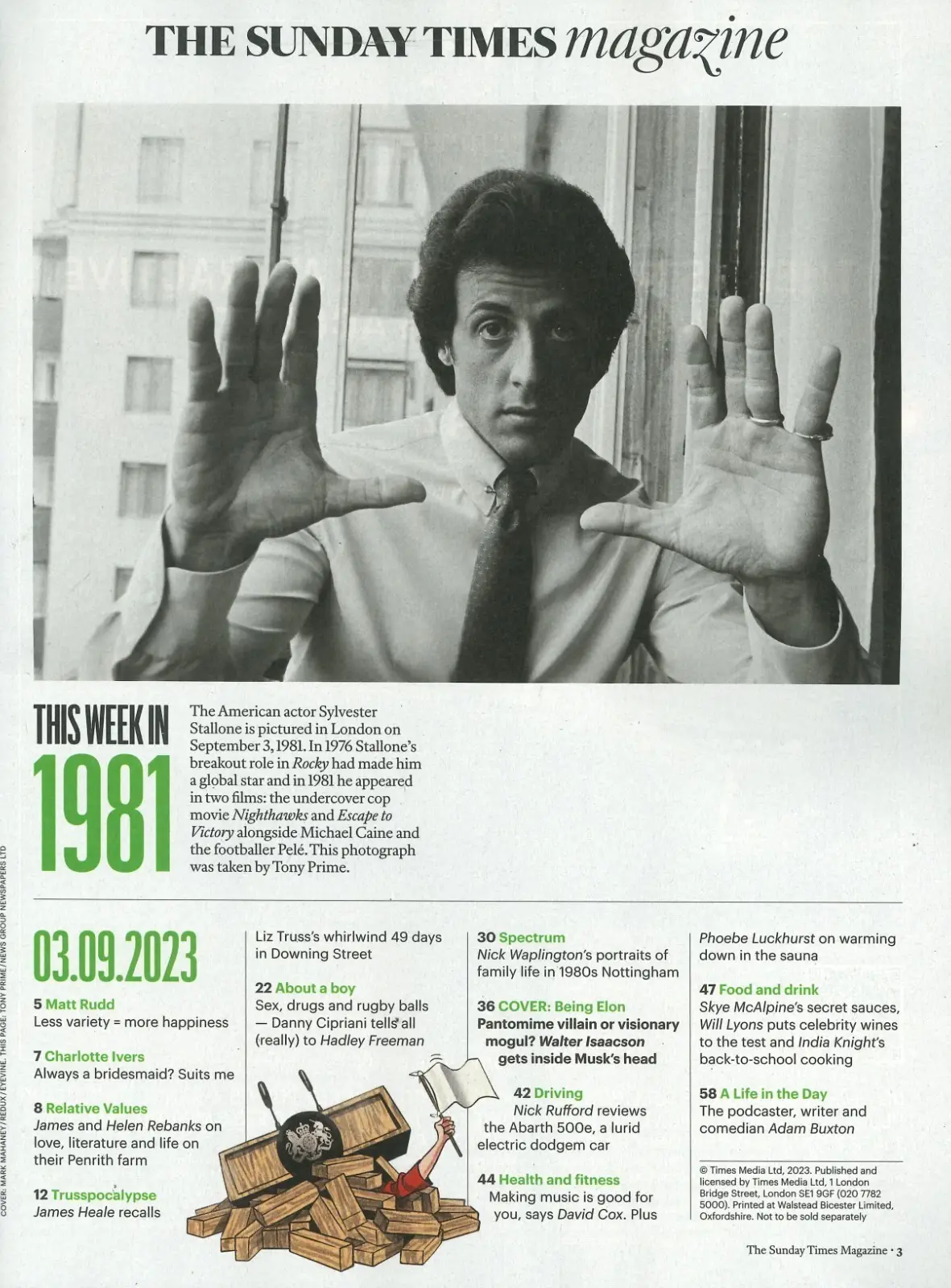 Sunday Times Magazine: Elon Musk, Sylvester Stallone, James & Helen R, 3.9.23 - image 2 | Free standard UK delivery included | Discount Quality Products