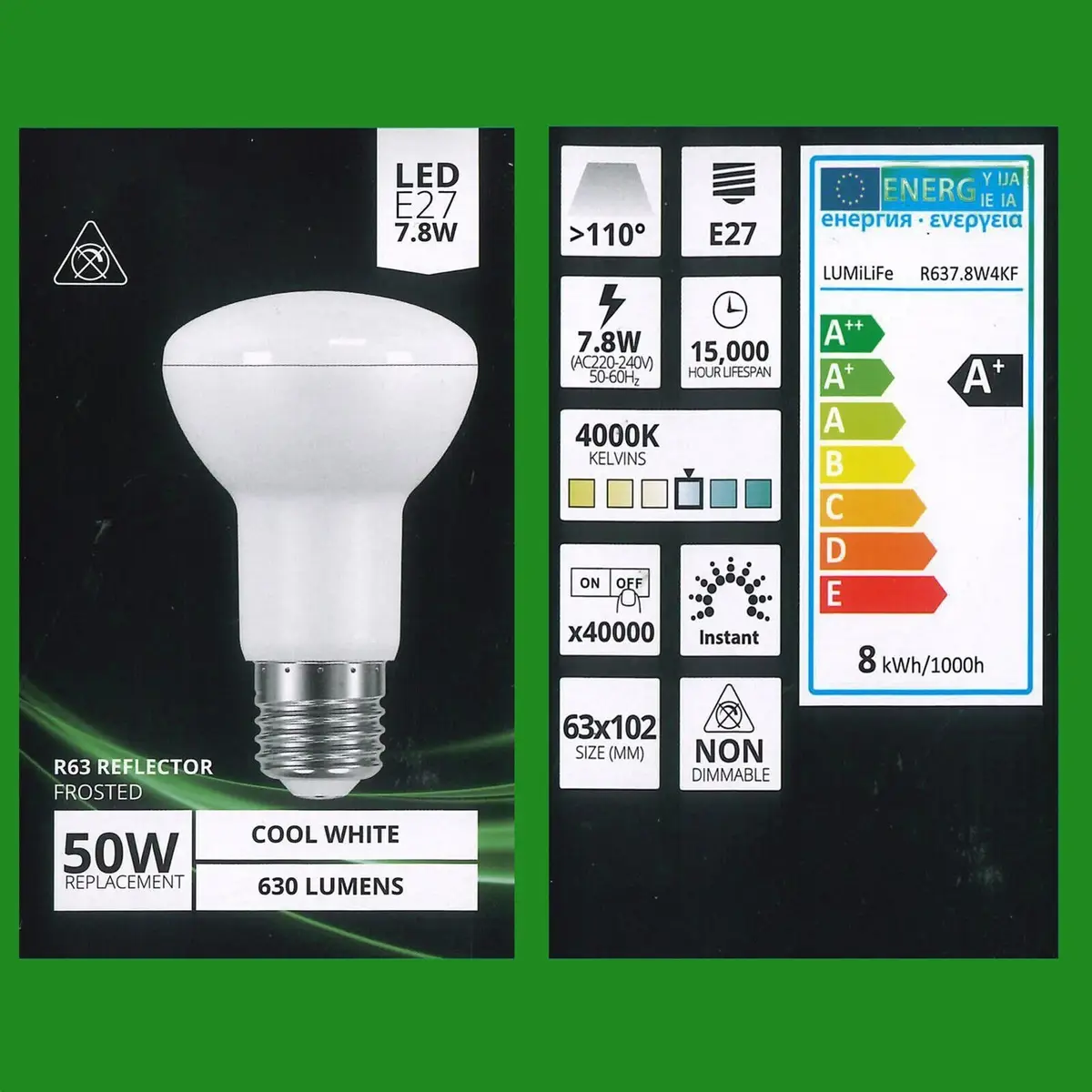 8x 7.8W (=50W) LED R63 Reflector Spot Light 4000K Cool White Bulb ES E27 Lamp - image 2 | Free standard UK delivery included | Discount Quality Products