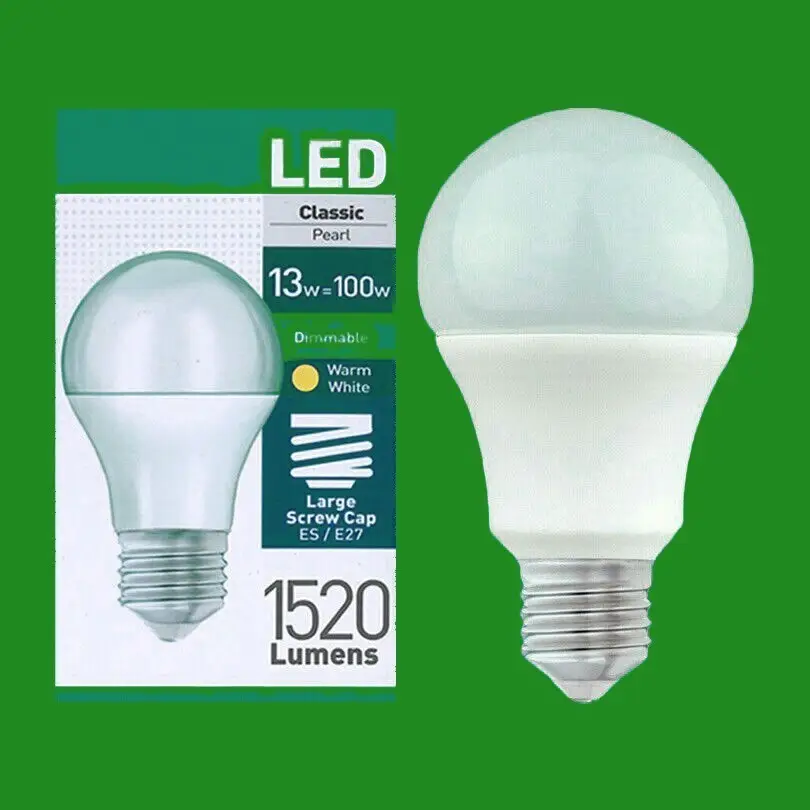 10x 13W= 100W Pearl Dimmable LED GLS Edison Screw ES E27 Warm White 2700k 1520lm