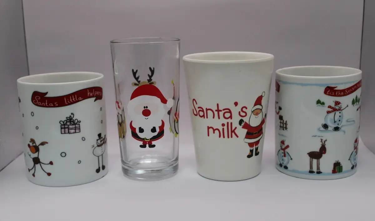 Christmas Themed 2 Mugs/Cups, Santa's Milk Tumbler &amp; Juice Glass, Kids Set of 4