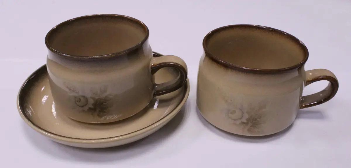 Set of 2 Cups &amp; 1 Saucer, Flower Design, Brown, Ceramic Tableware, Denby Brand