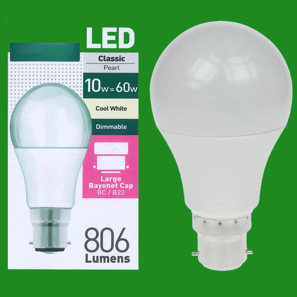 12x 8.5W = 60W Pearl Dimmable LED GLS Bayonet Cap BC B22 Cool White 4000k 806lm