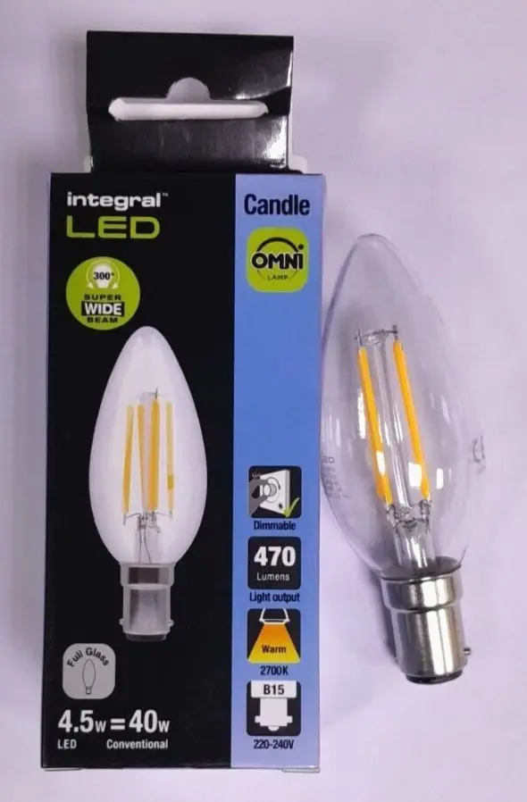 1x 4.5W (=40W) Integral LED Filament Clear Candle Light Bulb SBC B15 2700K B15d