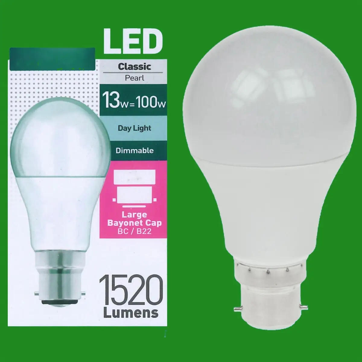 4x 13W = 100W Pearl Dimmable LED GLS Bayonet Cap BC B22 Day Light 6500k 1520lm