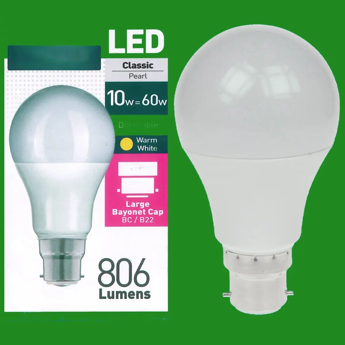 1x 10W = 60W Pearl Dimmable LED GLS Bayonet Cap BC B22 Warm White 2700k 806lm