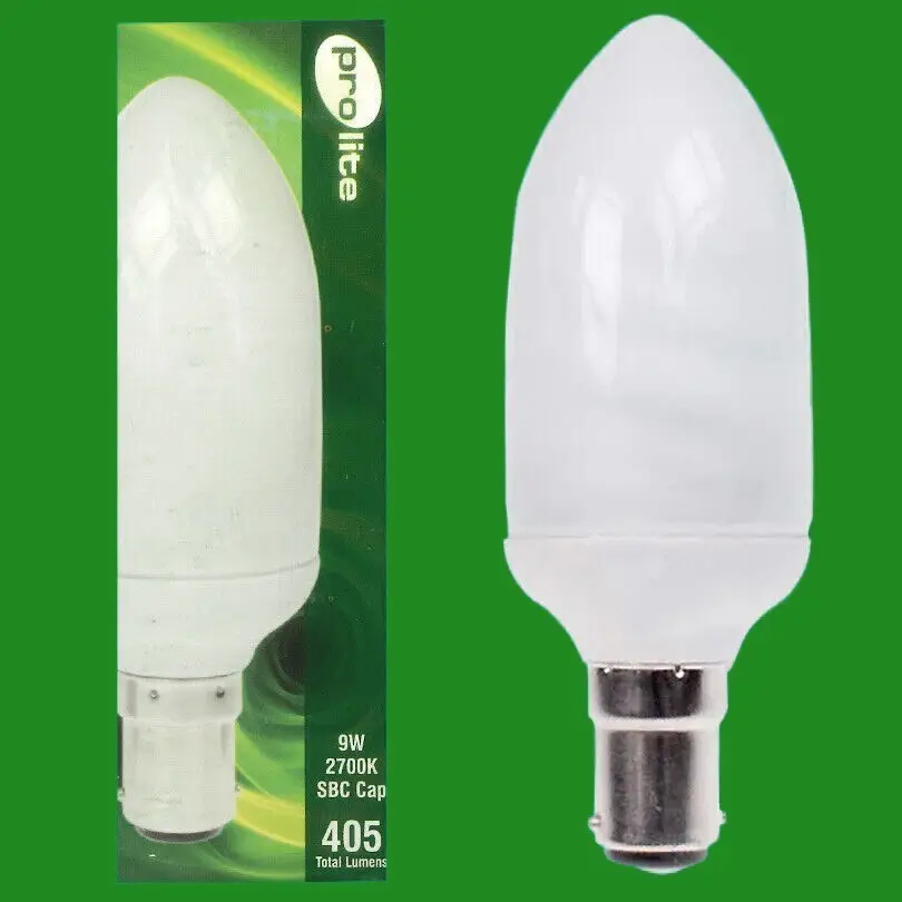 6x 9W Low Energy Power Saving CFL Candle Light Bulbs, SBC, B15 2700K Lamps