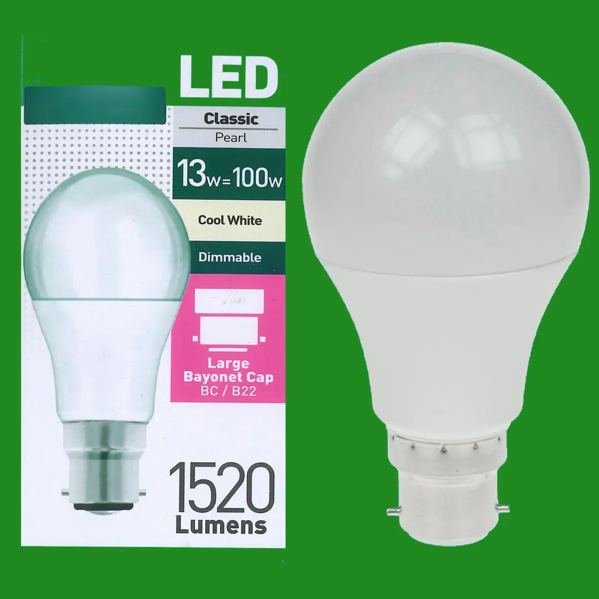 2x 13W = 100W Pearl Dimmable LED GLS Bayonet Cap BC B22 Cool White 4000k 1520lm