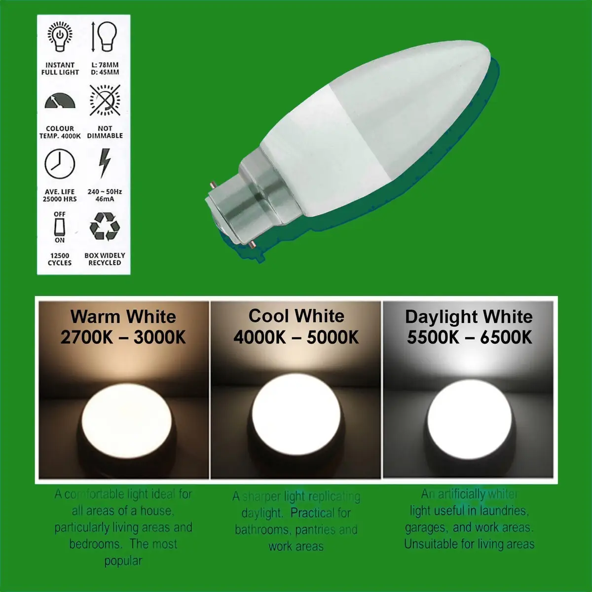 10x 6W (=40W) LED Pearl 4000K Cool White BC B22 Candle Light Bulb Lamp - image 2 | Free standard UK delivery included | Discount Quality Products