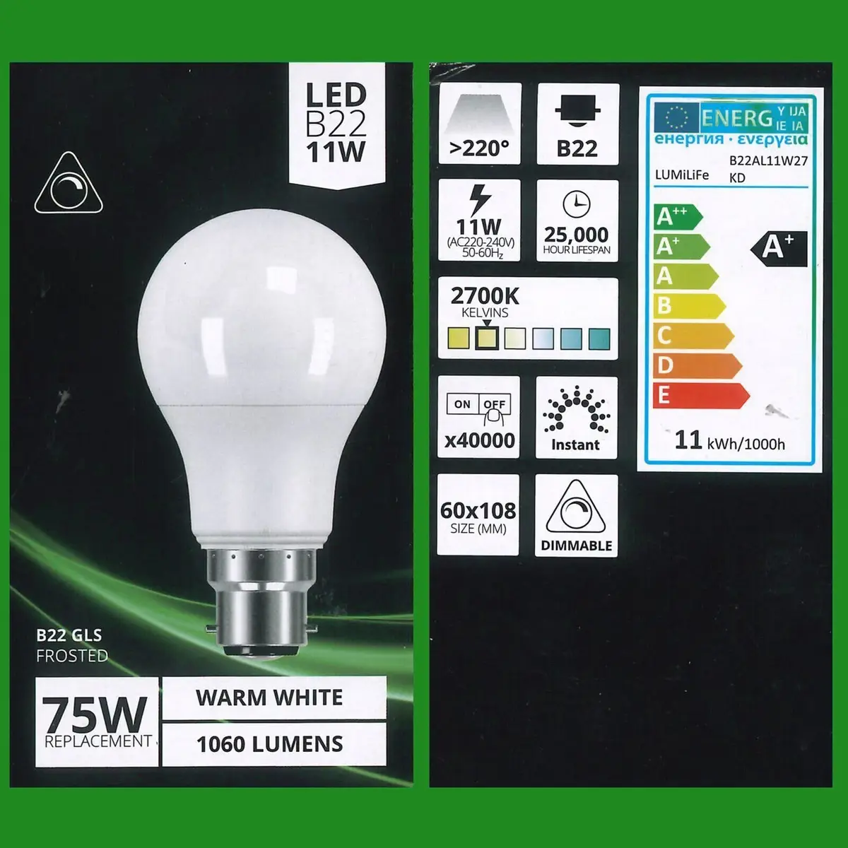 8x 11W Dimmable LED GLS 2700k Warm White, BC B22 Light Bulbs Lamp - image 2 | Free standard UK delivery included | Discount Quality Products