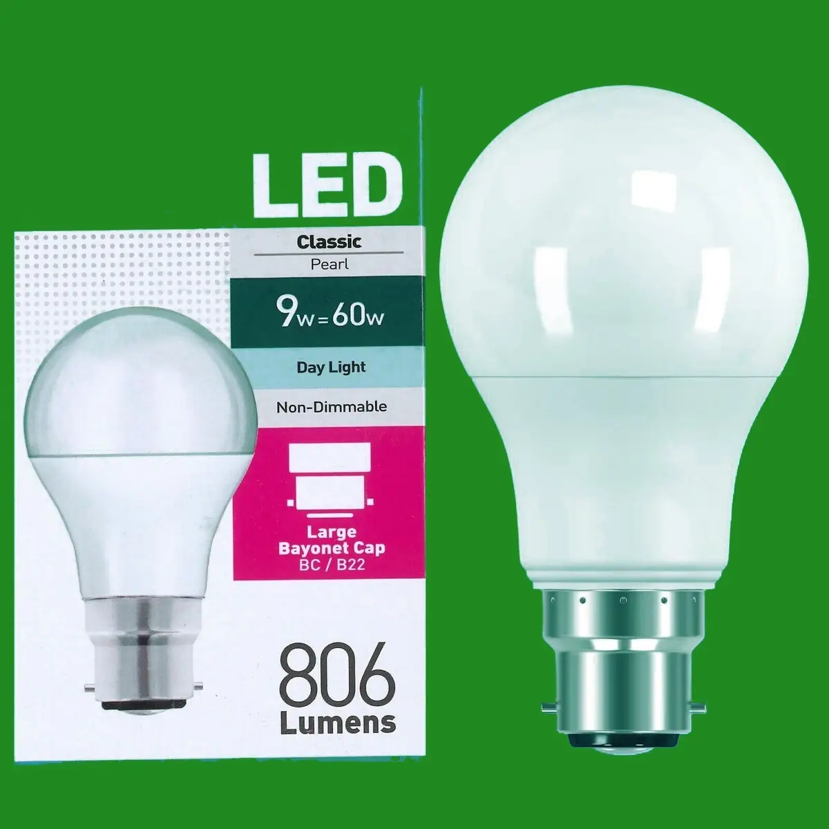 2x 9W (=60W) LED GLS Day Light Bayonet Cap BC B22 Light Bulb Lamp, 6500K, 806lm