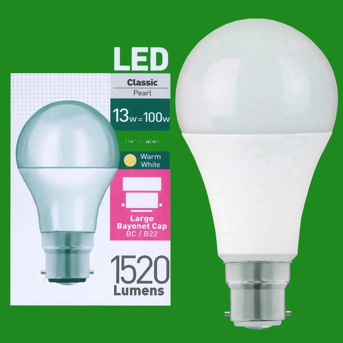 2x 13W (=100W) Dimmable GLS BC B22 A60 LED Light Bulb Warm White Lamp