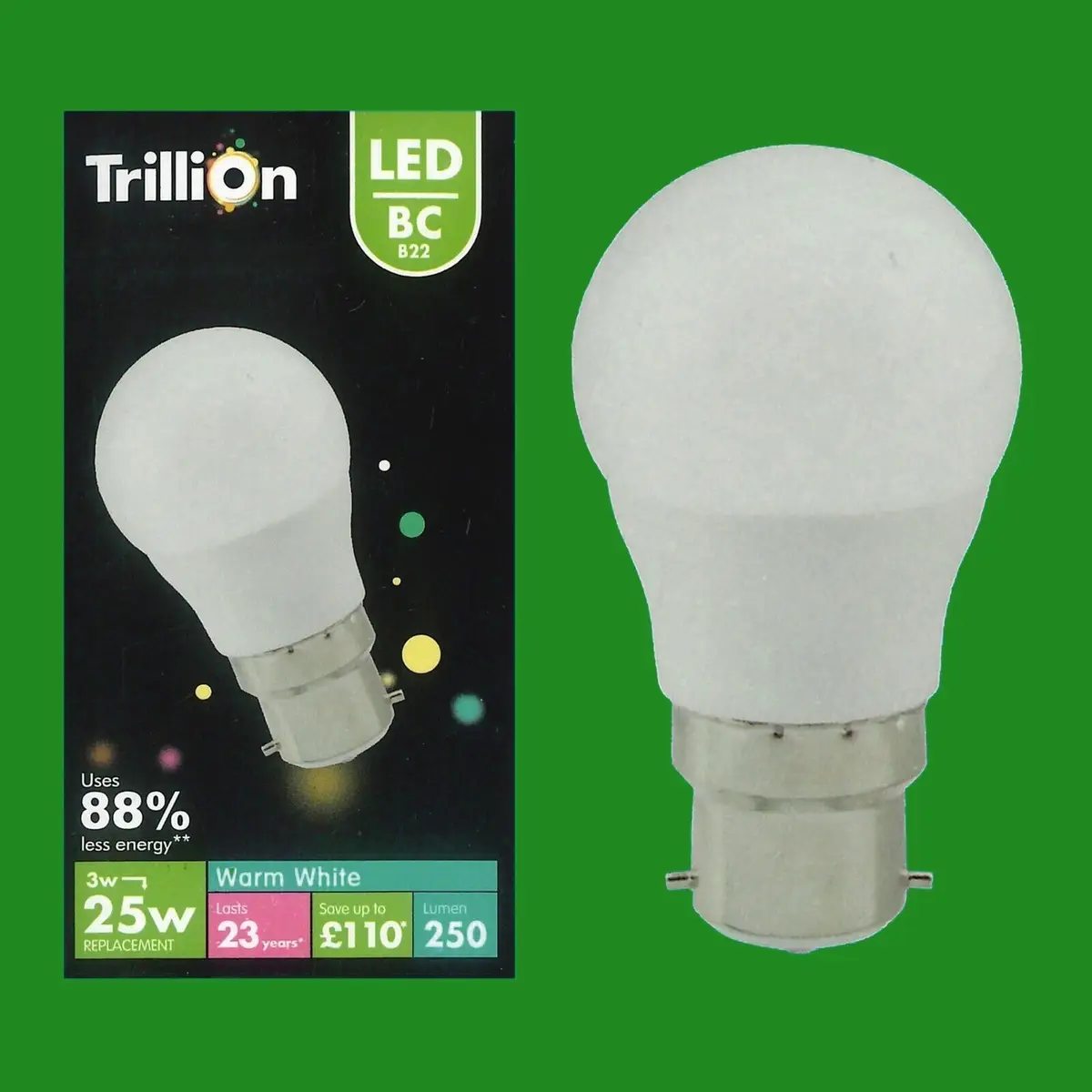 2x 3W (=25W) Frosted LED GLS Bayonet Cap BC B22, Warm 3000K, Light Bulb, Lamp