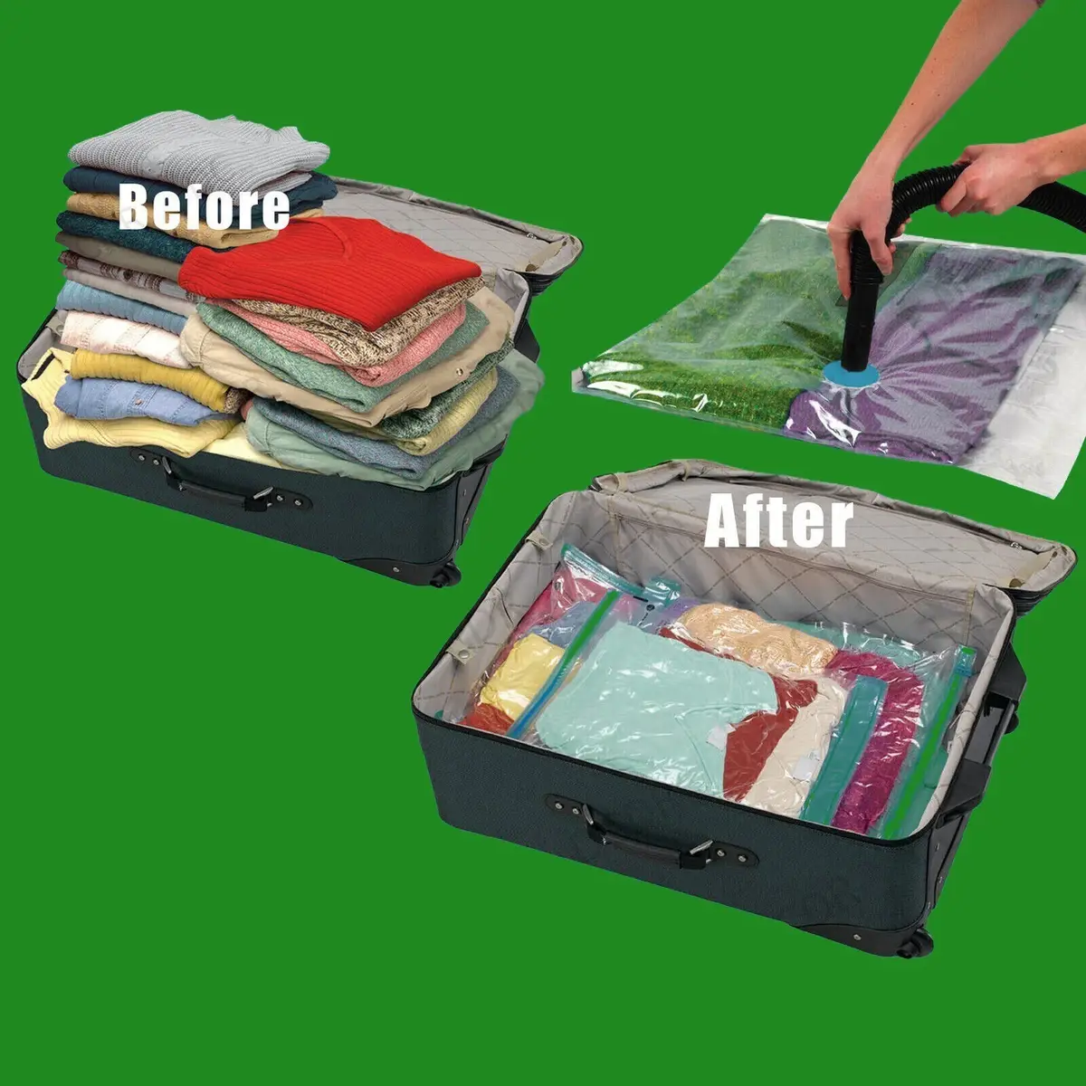 2x 90x120cm Travel Vacuum Bag, Zip Lock, Holiday Luggage Space Saving Suitcase