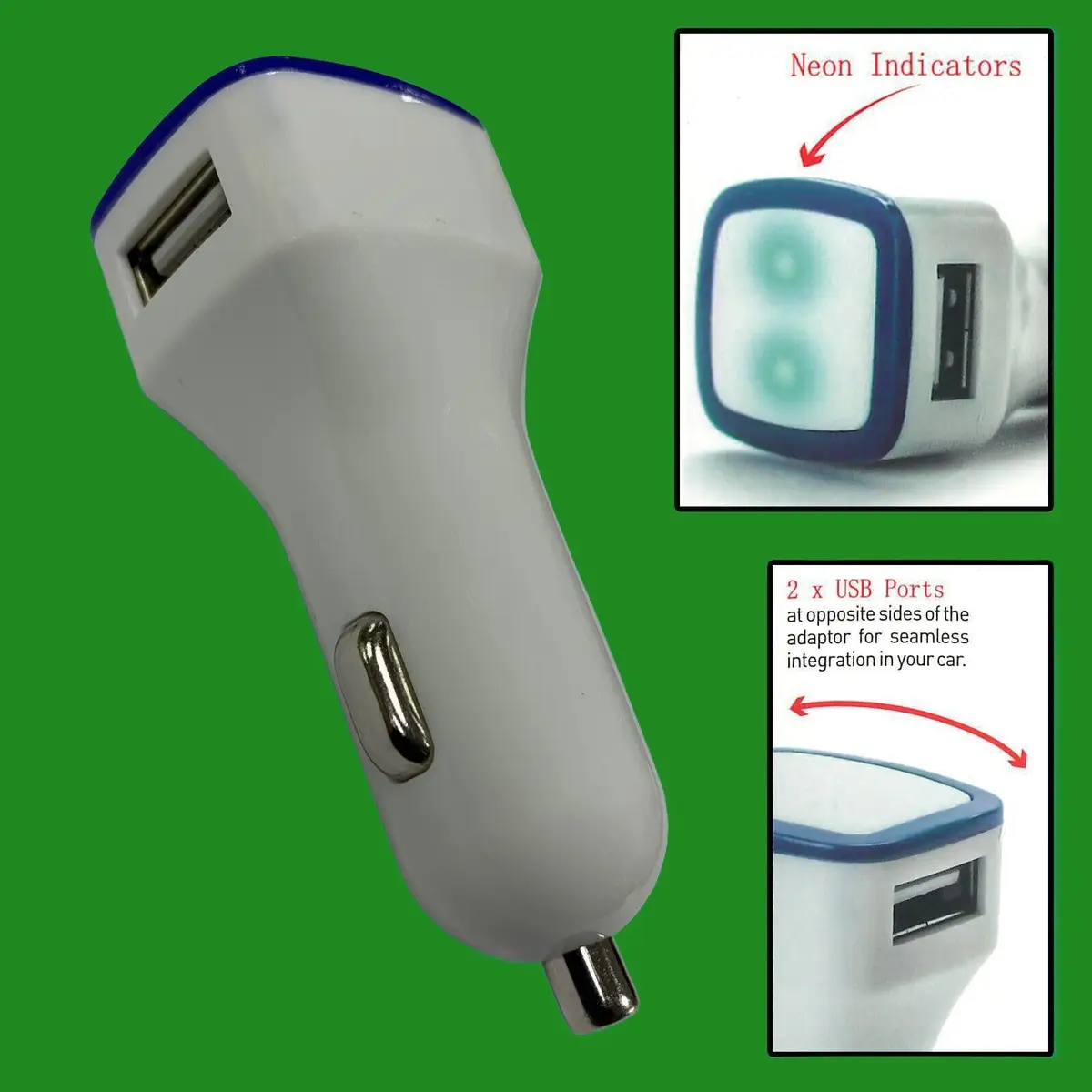 In-Car Charger with 2 USB Ports for Phone Tablet, 2.1 AMP Output, Neon Indicator