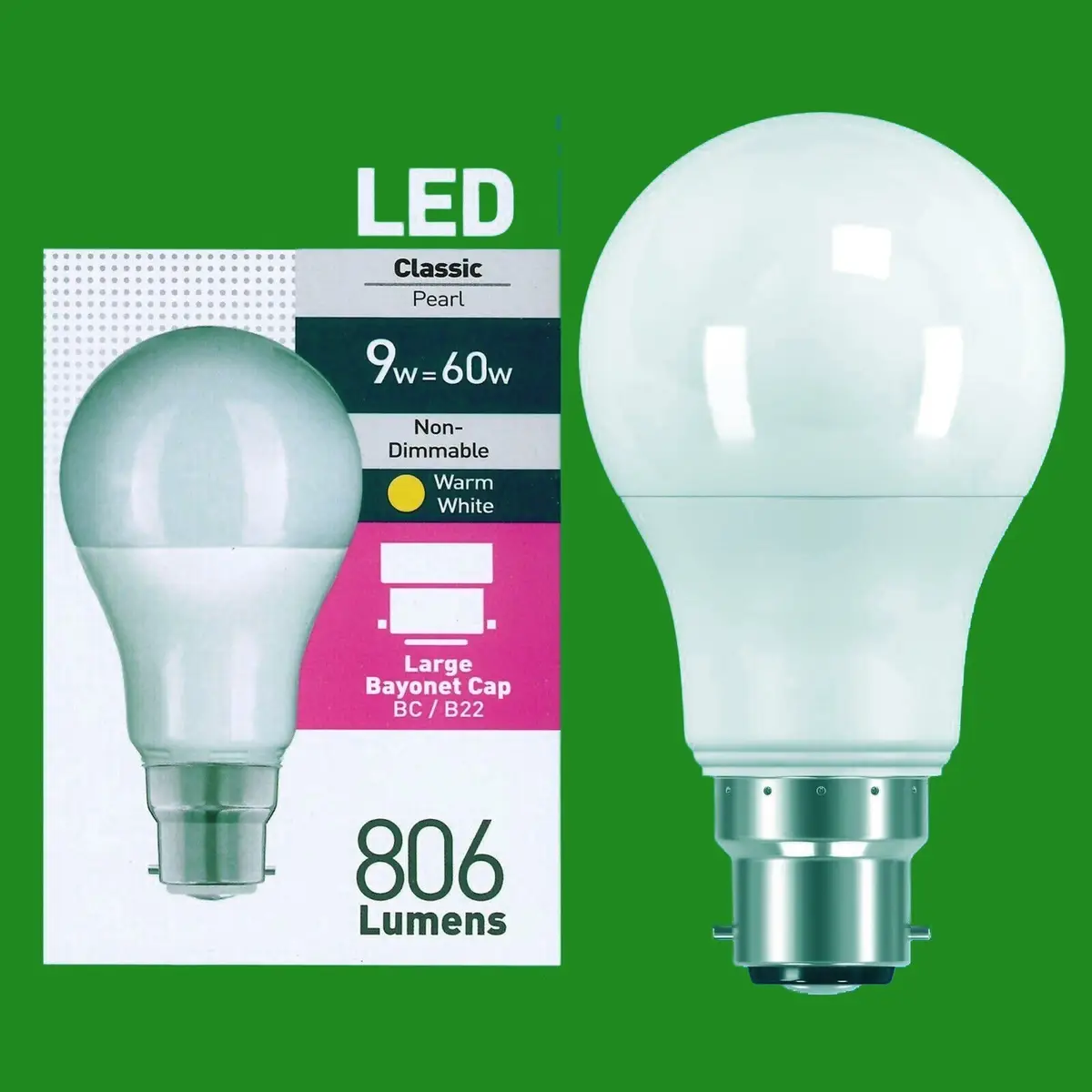 8x 9W (=60W) Pearl LED A60 GLS Bayonet Cap BC B22 Light Bulb Lamp, 2700K, 806lm