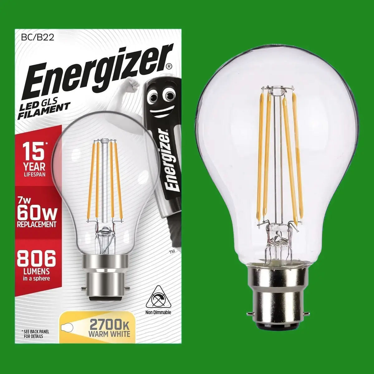 2x 7W (=60W) Clear LED Filament GLS, BC B22 Bayonet Cap, 2700K, Light Bulb, Lamp