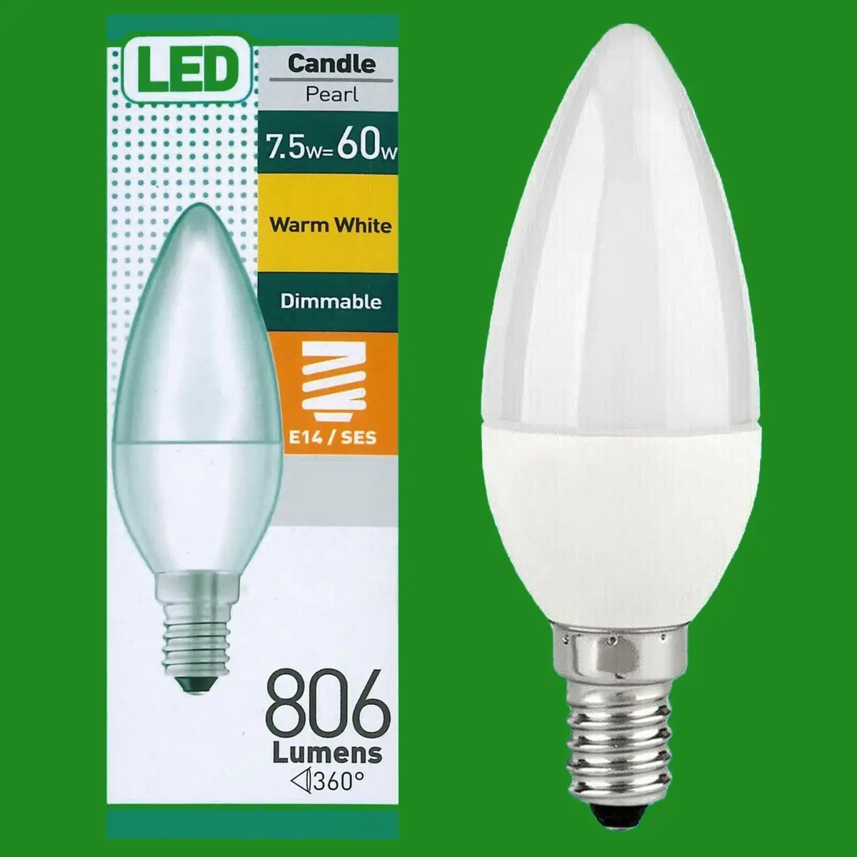 4x 7.5W (=60W) Dimmable Pearl LED Candle, SES E14, Warm White 2700K, Light Bulb