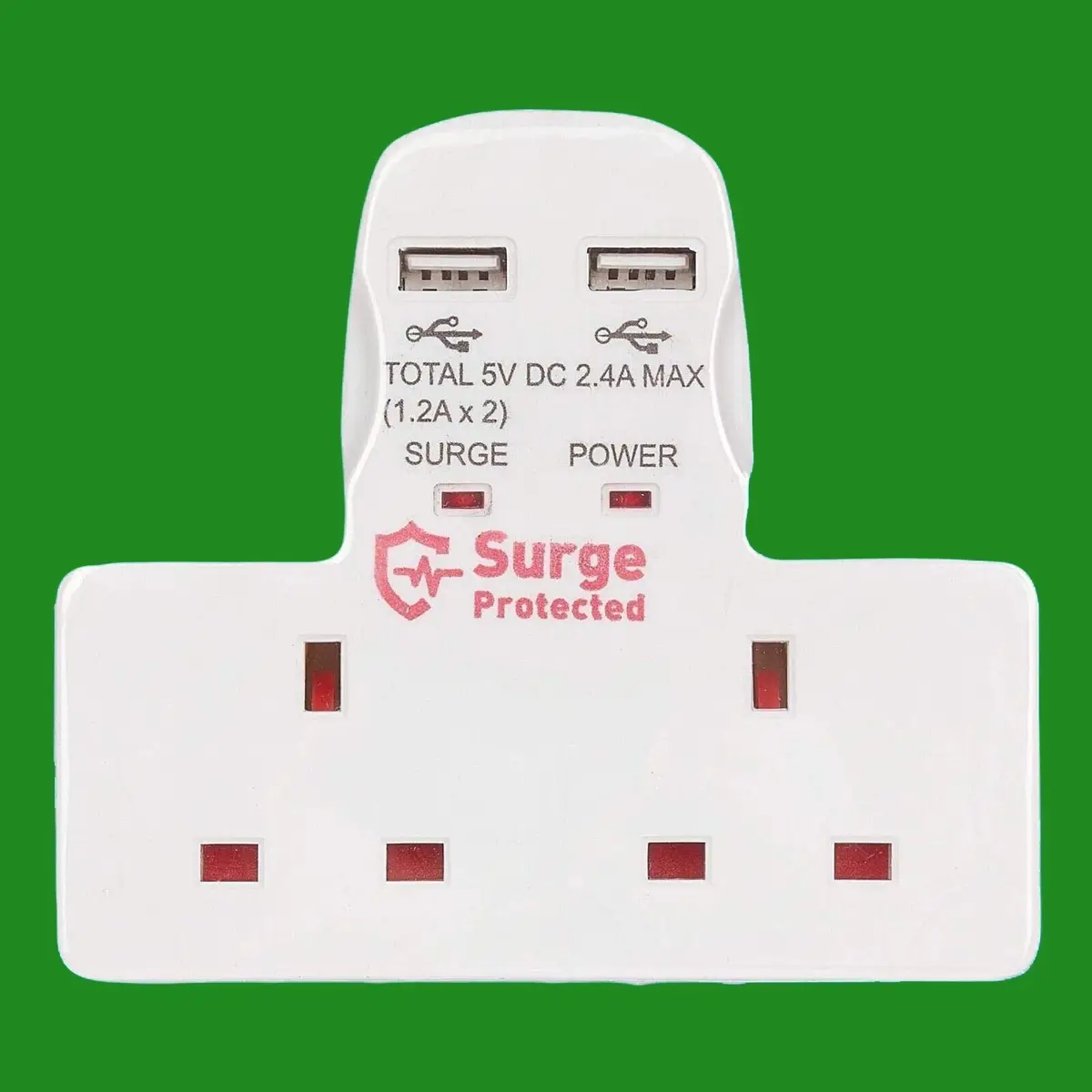 1x 13A 2 Way Socket Adaptor With Dual 1.2A USB Charging Port, Surge Protected