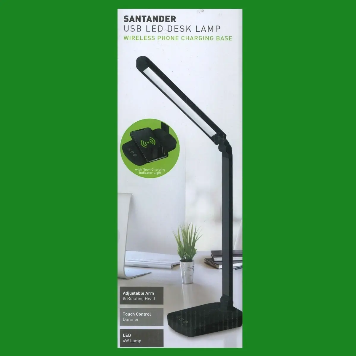 Black USB LED Desk Lamp, Wireless Phone Charging Base, Touch Control, Adjustable